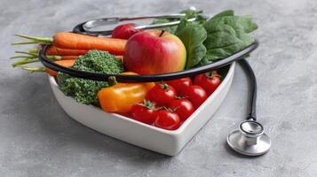 The Stethoscope Surrounding a Healthy Plate of Nutritious Foods photo