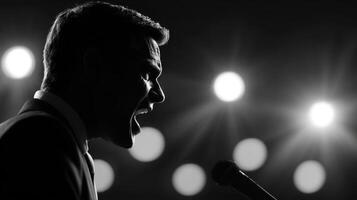 The singer passionately performing under bright stage lights in silhouette. photo