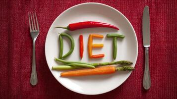 The Creative Vegetable Arrangement Spelling Out 'DIET' on a Plate photo