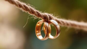 The golden wedding rings elegantly displayed on a string in soft light. photo