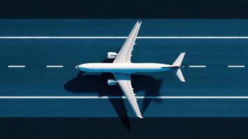 The airplane soaring above a runway in a striking aerial perspective. photo