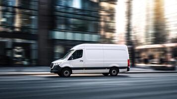 A white van is driving down a city street photo