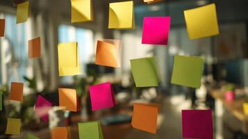 The vibrant display of sticky notes in a modern office environment. photo