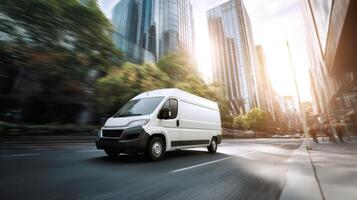 The white delivery van speeding through a modern cityscape at sunset. photo