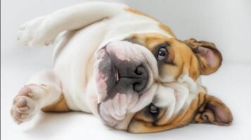 The adorable bulldog resting comfortably on a white background. photo