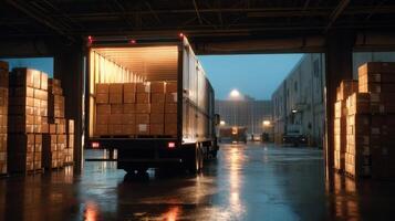 The truck unloading boxes in a rainy warehouse at night. photo