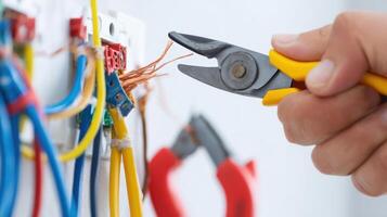 The electrician using pliers to cut wires in a professional setting. photo