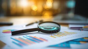 The magnifying glass enhancing business analysis with colorful charts and graphs. photo