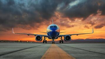 The airplane facing the sunset at an airport runway during twilight. photo