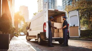 The busy delivery van showcased in an urban setting with hardworking movers. photo