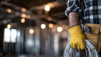 The worker holding electrical cables in a construction environment with a blurred background. photo
