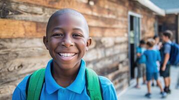 The joyful boy with a backpack enjoying his time at school. photo