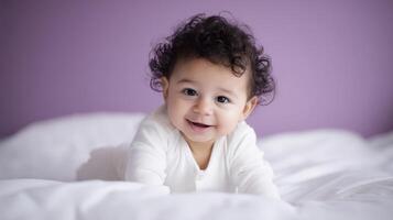 The adorable baby smiling joyfully on a soft bed with a purple backdrop. photo