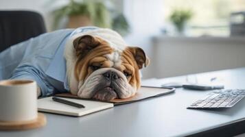 The bulldog resting on a desk with a business shirt in a modern office. photo