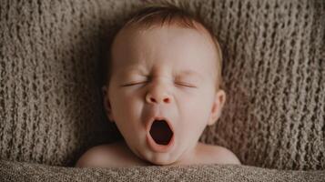 The adorable baby yawning peacefully in a cozy blanket setting. photo