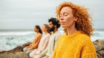 The group of individuals meditates peacefully by the ocean shore. photo