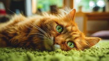 The relaxed orange cat lounging comfortably on a green carpet. photo