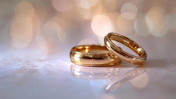 The golden wedding bands shining beautifully in soft blurred background. photo