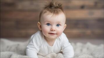 The adorable baby smiling warmly on a cozy blanket in a serene setting. photo