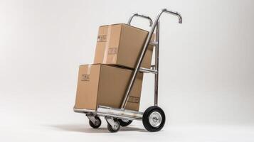 The hand truck loaded with stacked cardboard boxes ready for transport photo