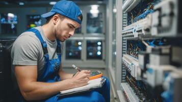 The technician conducting measurements and recording data in an electronic control room. photo