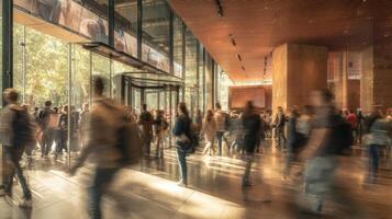 The bustling interior of a modern building filled with diverse crowds. photo
