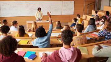 The engaged student raises a hand in a dynamic classroom environment photo