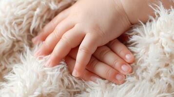 The adorable baby hands resting softly on a fluffy blanket. photo
