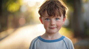 The charming boy with bright blue eyes standing outdoors in soft sunlight. photo