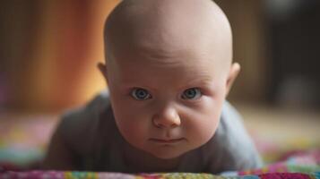 A baby with blue eyes laying on a blanket photo