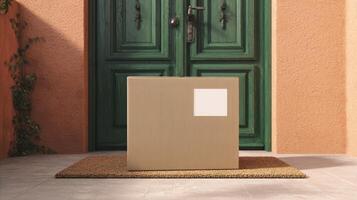 The cardboard package resting on a doormat in front of a green door. photo
