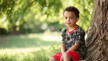 The boy sitting under a tree enjoying a sunny day in nature. photo
