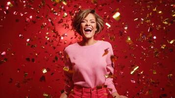 The joyful woman celebrating with confetti in a vibrant red background. photo