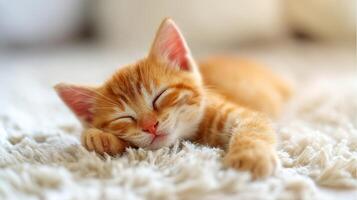 The adorable sleeping kitten peacefully resting on a soft carpet. photo