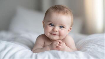 The joyful baby smiling warmly on a cozy bed of white blankets. photo