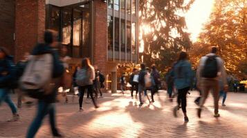 The bustling campus filled with students during a vibrant autumn afternoon. photo