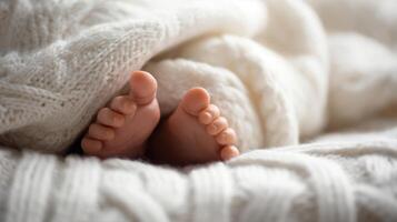 The delicate feet of a baby nestled in a cozy knit blanket. photo