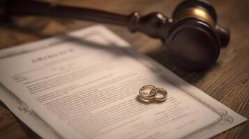 The legal document with wedding rings symbolizing divorce and separation. photo