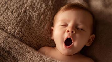 The adorable baby yawning peacefully under a cozy blanket. photo