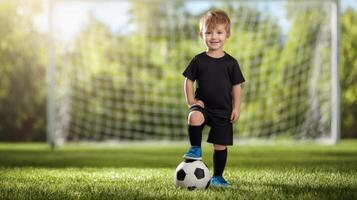 The cheerful child standing confidently on a soccer ball in the sunlight photo