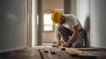The dedicated builder working on a home renovation project with precision. photo