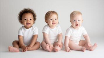 The joyful moment of three adorable babies sitting together in a studio setting. photo