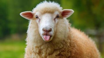 The Funny Sheep Sticking Its Tongue Out in a Lush Green Field. photo