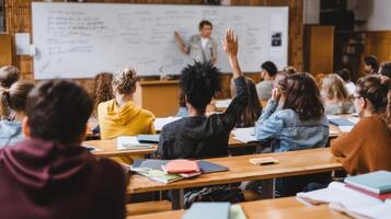 The engaged student raising their hand in a dynamic classroom environment. photo