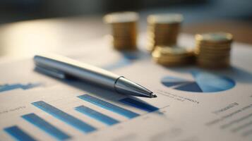 The financial report featuring graphs, a pen, and coins on a table. photo