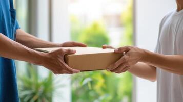 The hands exchanging a delivery package in a bright, modern living space. photo