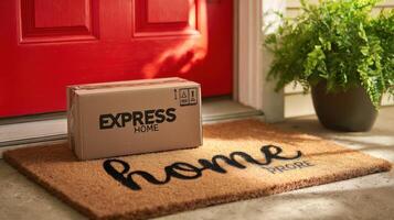 The delivery box resting on a charming welcome mat at the front door. photo