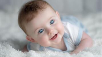 The adorable baby with stunning blue eyes smiling on a soft blanket. photo