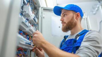 The technician repairs wiring in an electrical control panel with focus and precision. photo