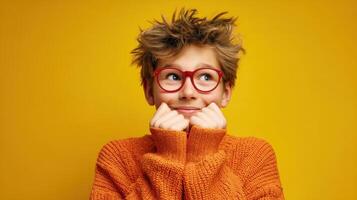 The cheerful child with expressive eyes and playful hairstyle in a vibrant setting. photo